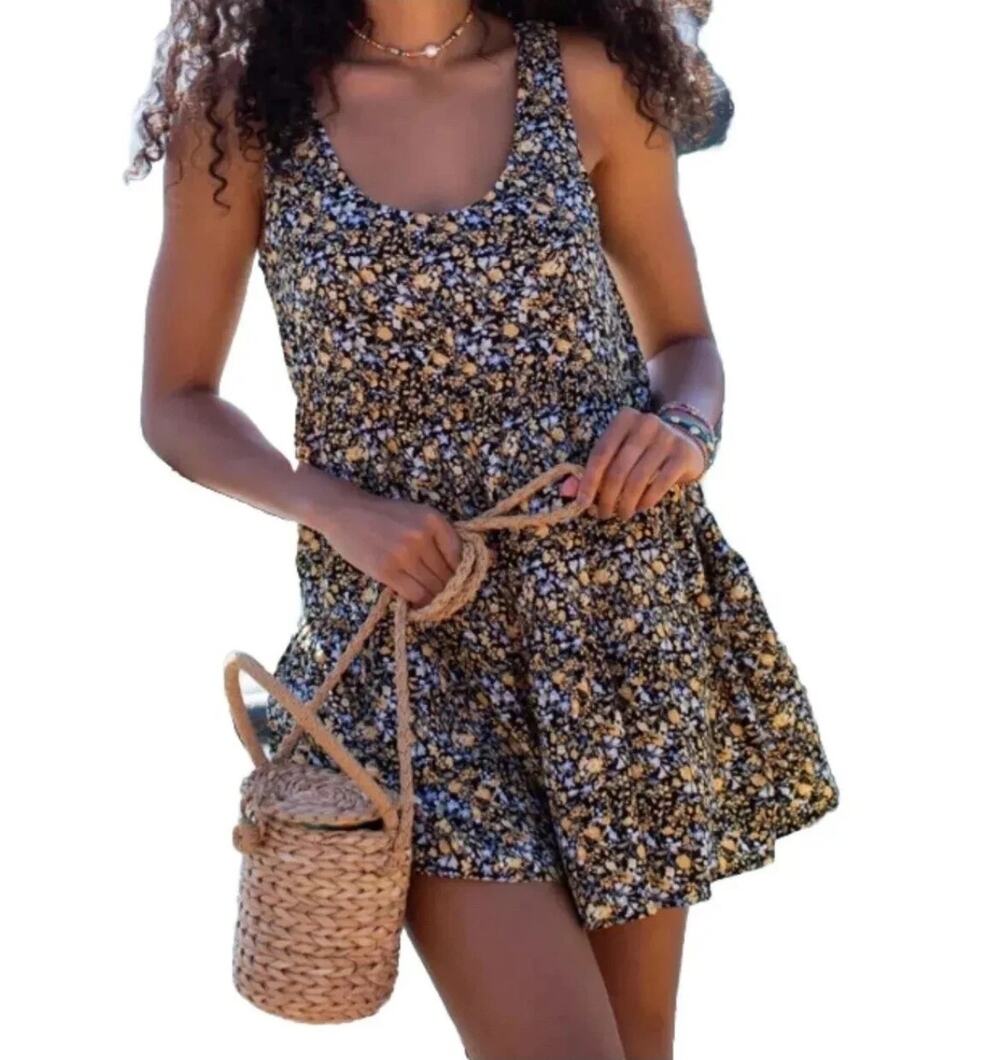 Natural Life Rosie Sleeveless Romper Medium Black Yellow Ditsy Floral Boho